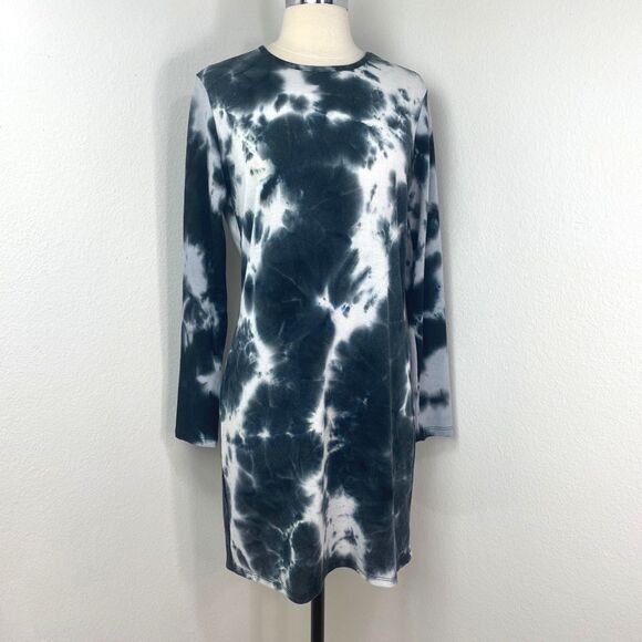 Justify Black Tie Dye Ribbed Knit Sheath Dress Size Large Long Sleeve Above Knee - Picture 1 of 9
